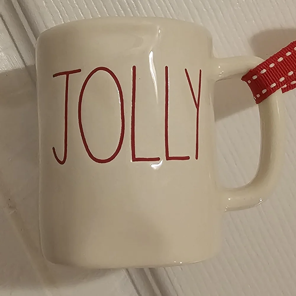 Rae Dunn EUC Ornament Set - Holly and Jolly Mugs with Red Ribbon